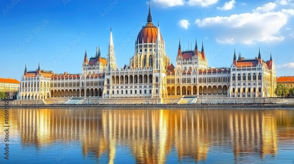 Fototapeta premium The Hungarian Parliament Building reflected in the Danube River on a sunny day.