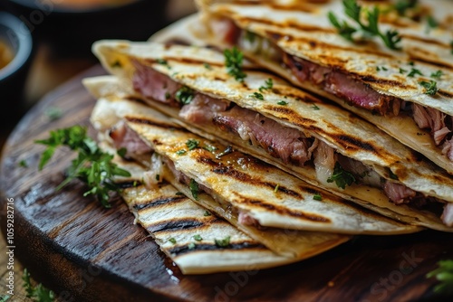 Quesadilla with homemade grilled flour tortilla and 8 hour smoked pork photo