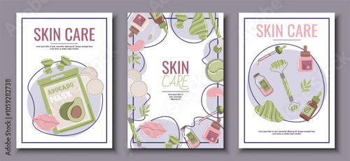 Skin care flyer design set. Poster with cosmetic products, face mask, gua sha, serum. Facial skin care, skin moisturizing. Banner for beauty salon, spa, etc.