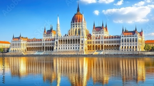 The Hungarian Parliament Building reflected in the Danube River on a sunny day.