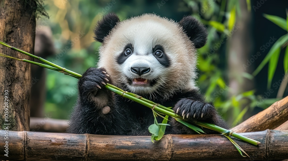 Fluffy panda cub holding a bamboo shoot with a happy expression, representing the iconic cuteness of baby pandas. Fluffy panda cub holding a bamboo shoot with a happy expression, representing the iconic cuteness of baby pandas.