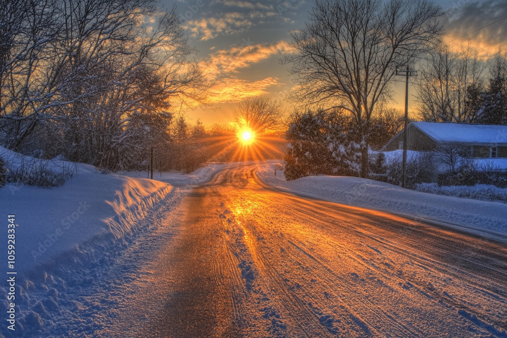Winter sunset over a snow-covered road in a quiet neighborhood Winter sunset over a snow-covered road in a quiet neighborhood