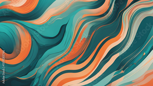 Abstract Swirls of Teal and Coral: A mesmerizing digital art piece featuring a vibrant blend of teal and coral hues, forming an abstract swirl pattern that evokes a sense of movement and fluidity. 