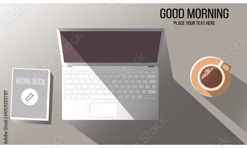 Laptop on table with workbook and cup of coffee. Vector concept of productivity and focus. Top view of office desk with flat design