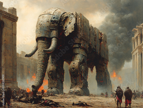 a large elephant walking in a city that has been destroyed by a massive explosion, fantastical scene of a battle photo