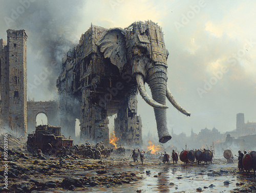 a large elephant walking in a city that has been destroyed by a massive explosion, fantastical scene of a battle photo