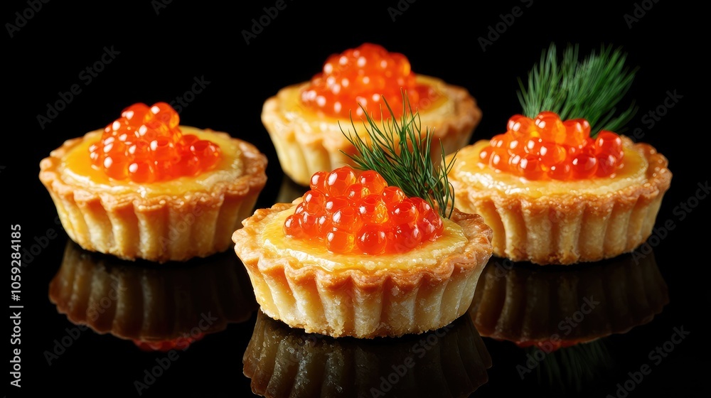 Golden tartlets with red caviar and a garnish of dill, isolated on a black background, creating a vibrant, luxurious feel. Golden tartlets with red caviar and a garnish of dill, isolated on a black background, creating a vibrant, luxurious feel.