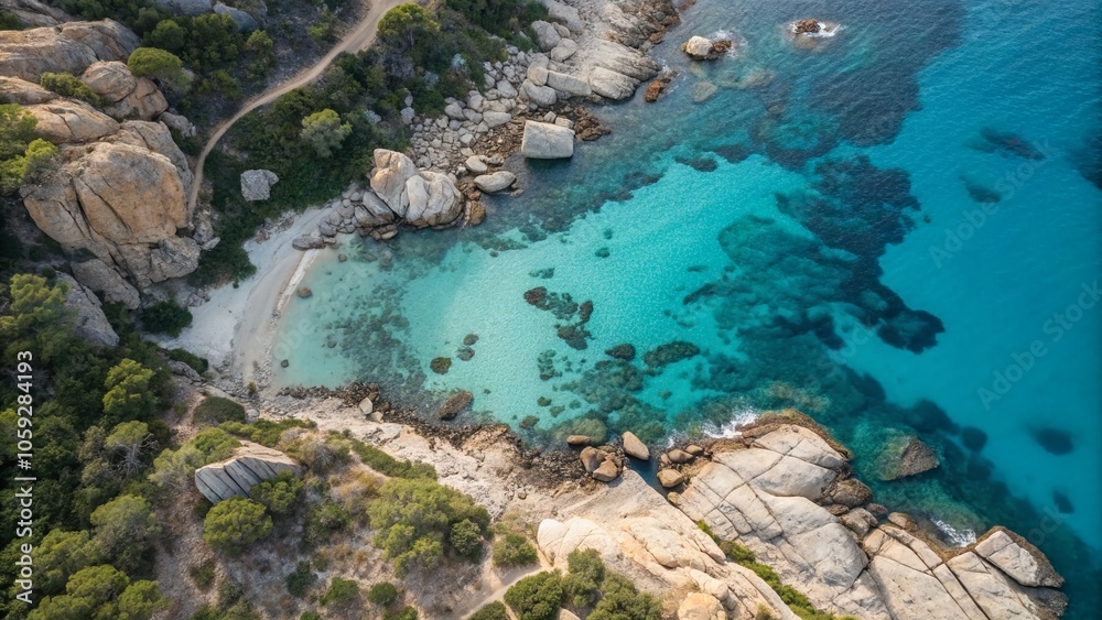 Obraz premium Coastal Double Exposure: Weathered Rocks and Turquoise Sea from Above