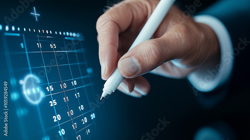 businessman holds white marker, drawing on digital calendar interface, showcasing planning and organization skills
