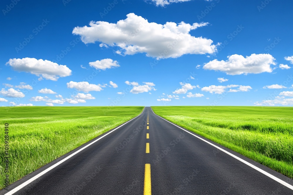 Open Road Through Green Fields and Blue Skies Open Road Through Green Fields and Blue Skies