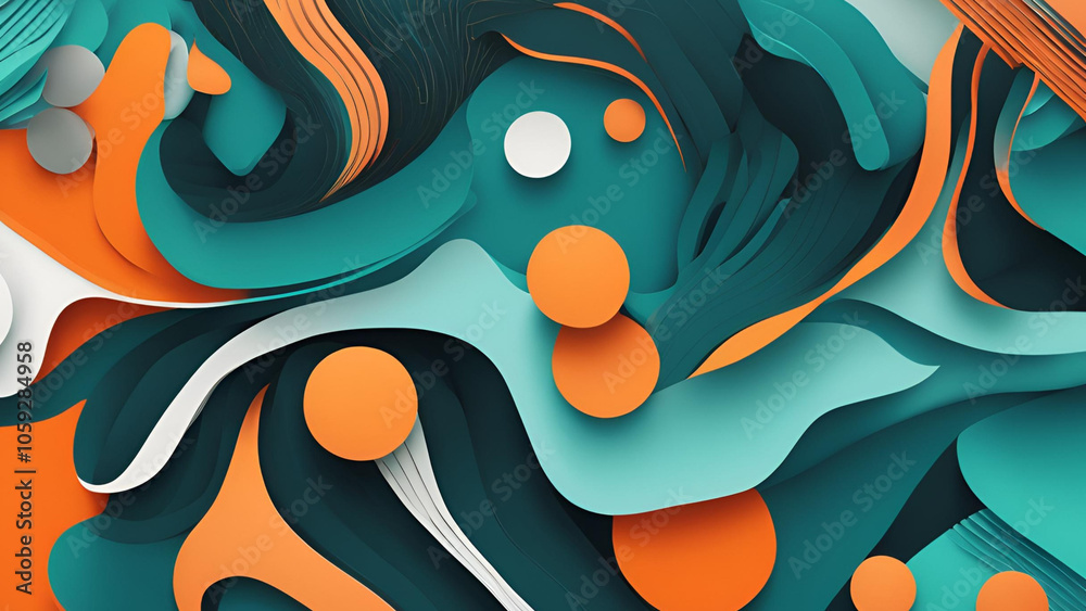 Abstract Paper Art: Teal, Orange, and White Swirls: An abstract and modern design featuring vibrant teal, orange, and white paper swirls with intricate layers and circular accents. Abstract Paper Art: Teal, Orange, and White Swirls: An abstract and modern design featuring vibrant teal, orange, and white paper swirls with intricate layers and circular accents.