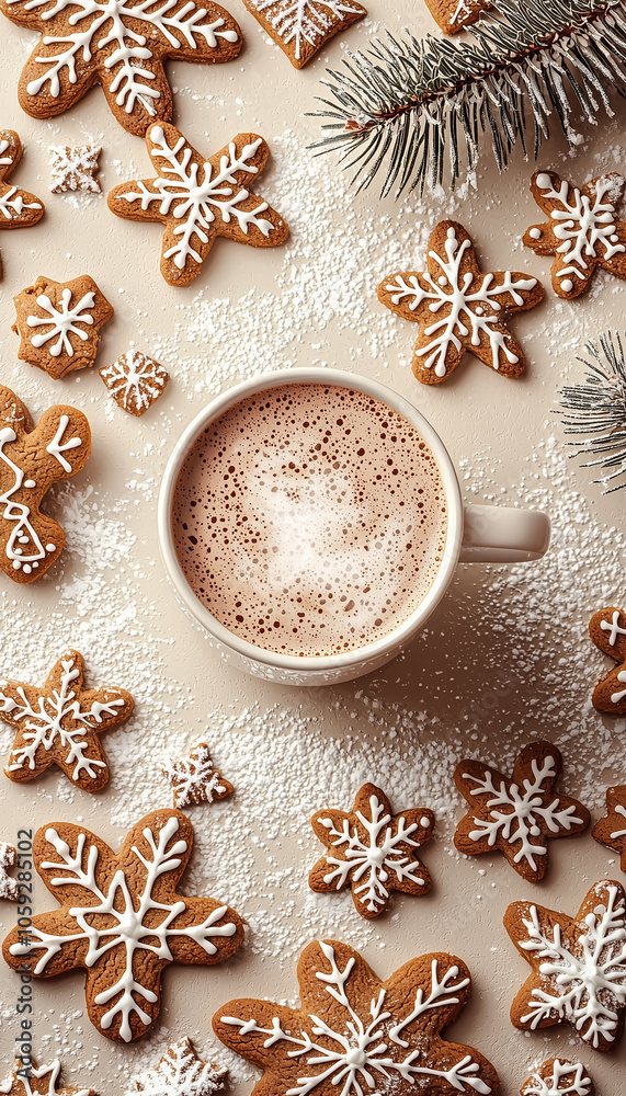 Gingerbread Cookies with Powdered Snowflakes on Soft Pastel Background Gingerbread Cookies with Powdered Snowflakes on Soft Pastel Background