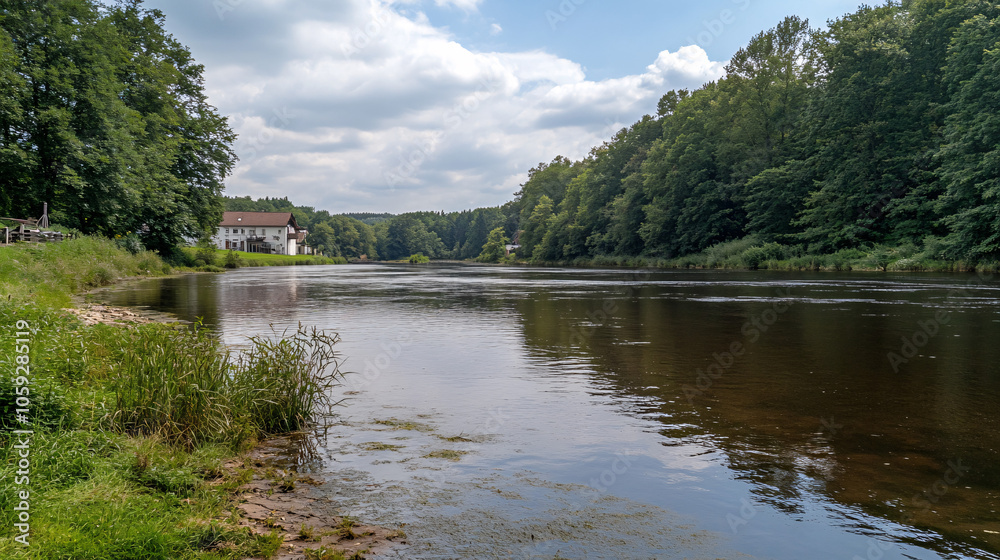 tranquil river scene with lush green trees and white house tranquil river scene with lush green trees and white house