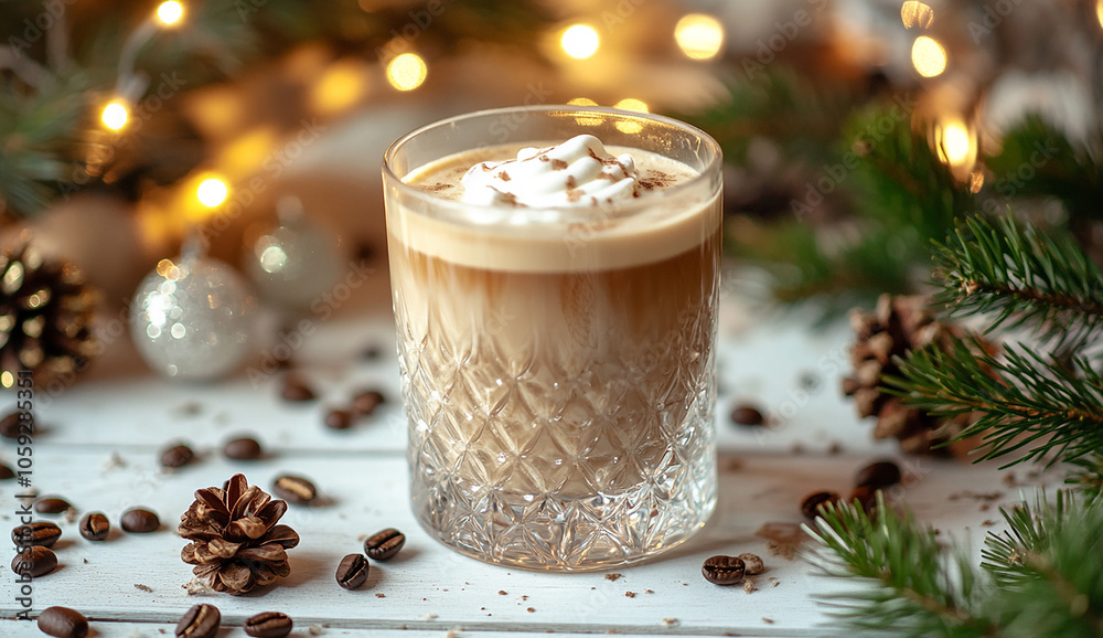 An iced coffee drink with Christmas decorations and lights in the background An iced coffee drink with Christmas decorations and lights in the background