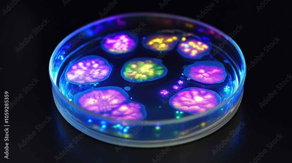 Isolated Petri dish with fungi culture on a black background, showcasing vibrant and detailed growth patterns for scientific focus. Isolated Petri dish with fungi culture on a black background, showcasing vibrant and detailed growth patterns for scientific focus.