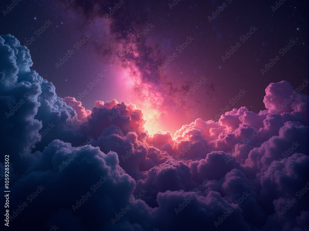 A vibrant cosmic landscape with swirling clouds illuminated by a brilliant galaxy at twilight, creating a surreal abstract art experience A vibrant cosmic landscape with swirling clouds illuminated by a brilliant galaxy at twilight, creating a surreal abstract art experience