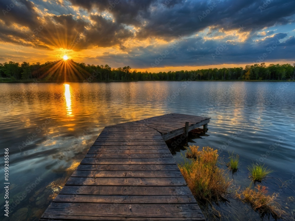 Naklejka premium Sunset over the Lake Pier