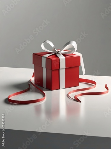 Caja de regalo roja con moño de listón blanco sobre superficie blanca.