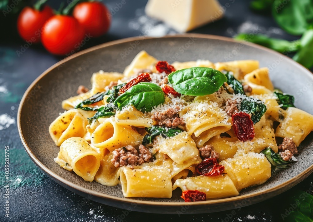 Rich Tuscan pasta with ground beef sun dried tomatoes spinach and parmesan Rich Tuscan pasta with ground beef sun dried tomatoes spinach and parmesan