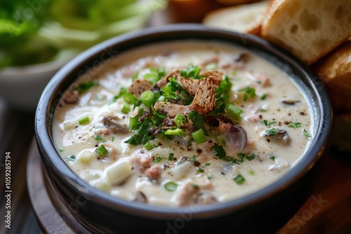 Rich New England clam soup topped with scallions