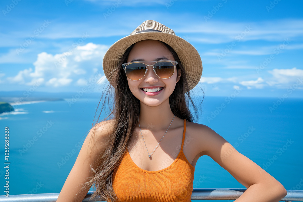 smiling woman wearing sunglasses and hat enjoys sunny day by ocean. beautiful landscape and clear blue sky enhance her cheerful expression smiling woman wearing sunglasses and hat enjoys sunny day by ocean. beautiful landscape and clear blue sky enhance her cheerful expression
