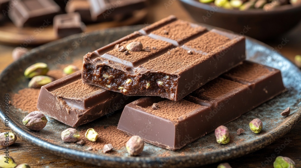 Three chocolate bars with pistachios and cocoa powder on a plate. Three chocolate bars with pistachios and cocoa powder on a plate.