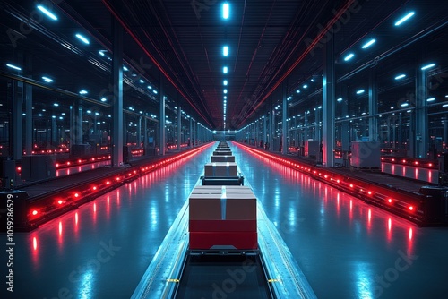 A long conveyor belt with boxes moving through an industrial warehouse with blue and red lighting.