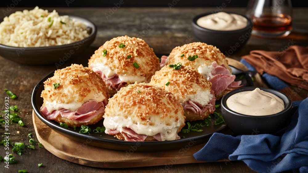 Delicious ham croquettes with bechamel sauce and rice on wooden table Delicious ham croquettes with bechamel sauce and rice on wooden table