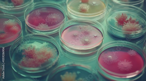 Multiple Petri dishes with various microorganism cultures on an organized lab surface, each with unique growths, symbolizing research diversity.