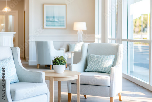 Bright modern living room featuring cozy chairs, natural light, and elegant decor, perfect for relaxation and gatherings.