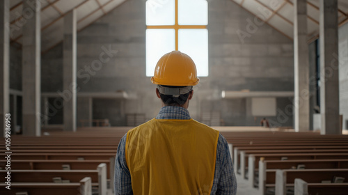 construction worker in yellow hard hat and vest stands inside large, unfinished building, gazing at cross shaped window. atmosphere is contemplative and focused