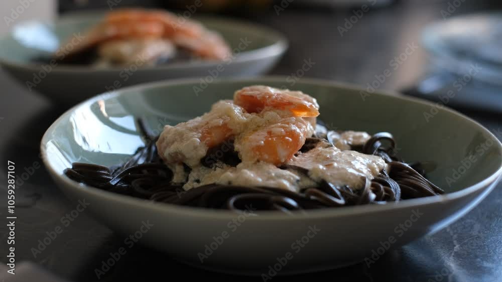 A young woman puts shrimp in cream sauce on a plate A young woman puts shrimp in cream sauce on a plate