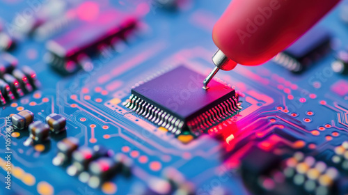 Close-up of a technician testing a microchip on a vibrant blue circuit board with precision tools and glowing lights.