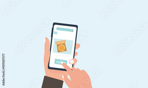 hand holding smartphone with screen of online food store and ordering  pizza with an application for ordering food at home.