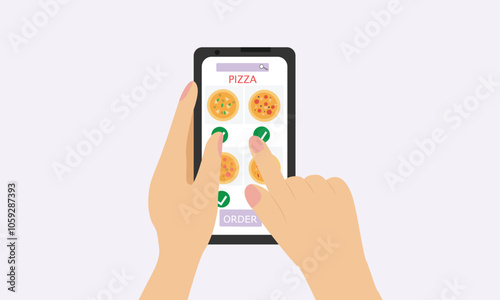 hand holding smartphone with screen of online food store and ordering  pizza with an application for ordering food at home.