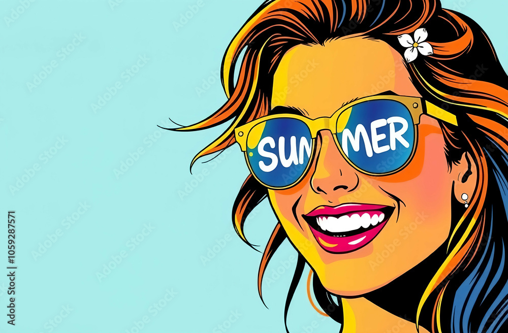 © Stock Planet - Summer pop art face. woman wearing sunglasses with the word Summer reflected or inscripted in the sunglasses. colorful background in retro comic style