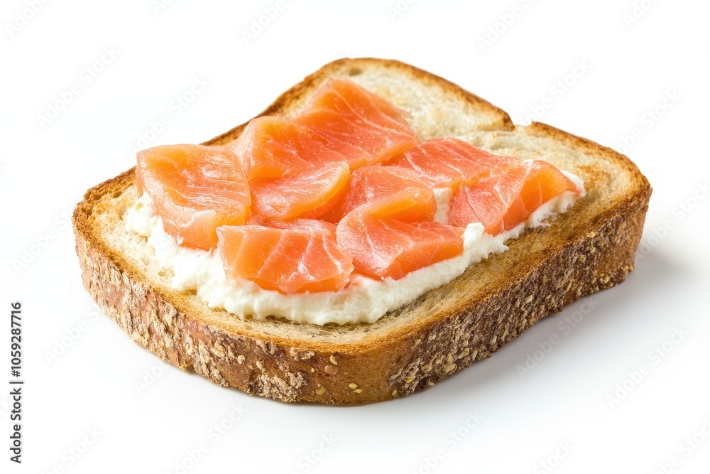 Salmon and cream cheese on toast against a white backdrop