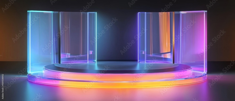 Fototapeta premium A stage with a colorful, neon lighted backdrop