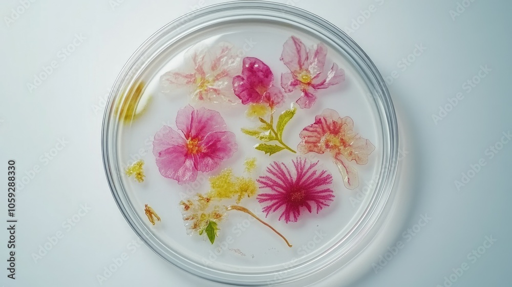 Petri dish containing diverse bacterial growths on clear agar, against a white background, capturing scientific observation.