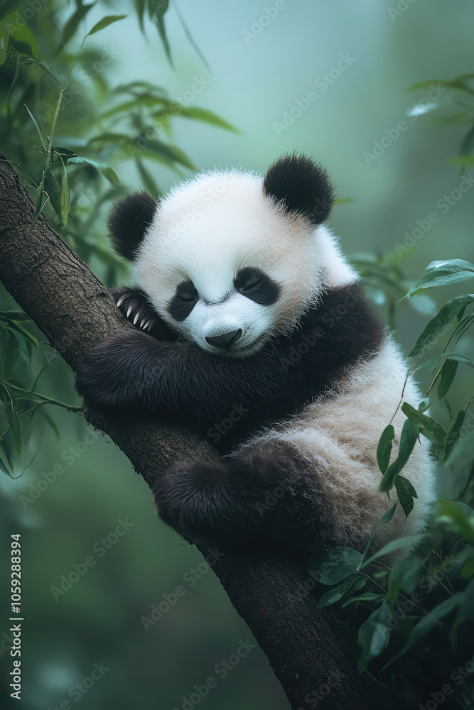 Obraz premium Baby panda sleeping on a tree branch, surrounded by lush greenery