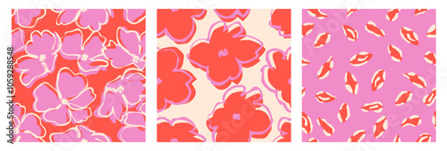 Set of hand drawn flowers, seamless patterns with floral for fabric, textiles, clothing, wrapping paper, cover, banner, interior decor, abstract backgrounds.