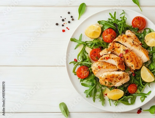 Savory chicken piccata on a light wooden table overhead perspective photo