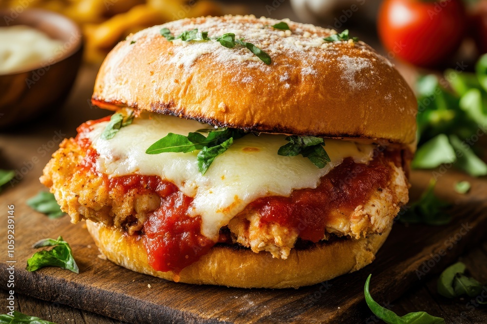 Savory homemade chicken sandwich with marinara and cheese Savory homemade chicken sandwich with marinara and cheese
