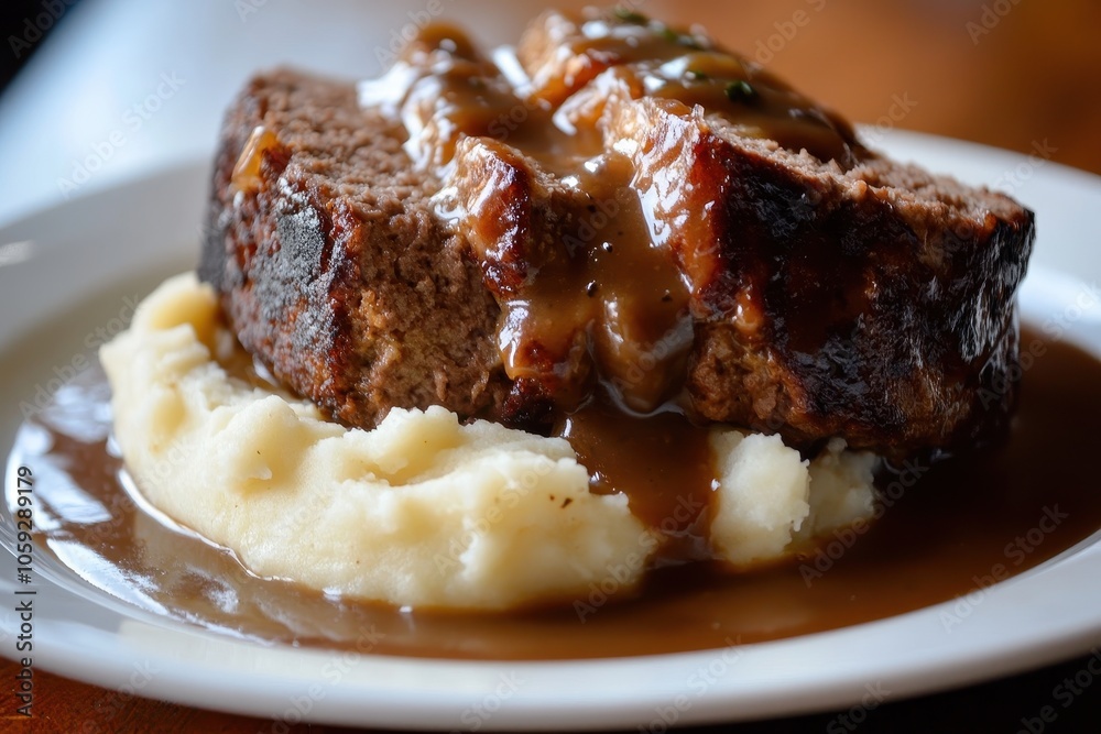 Savory meatloaf served with rich gravy over creamy mashed potatoes an ultimate comfort dish warm and fulfilling