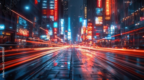 A long exposure shot of a city street at night with vibrant neon signs and light trails from passing cars.