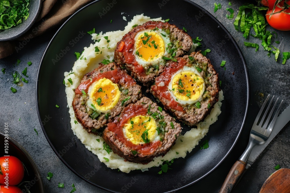 Savory meatloaf slices filled with egg and veggies served with mashed potatoes Aerial view Savory meatloaf slices filled with egg and veggies served with mashed potatoes Aerial view