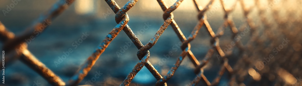 Closeup of chainlink fence, rusted details, warm light, shallow depth of field, industrial feel Closeup of chainlink fence, rusted details, warm light, shallow depth of field, industrial feel