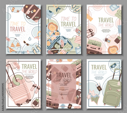 Set of tourist flyers. Posters with luggage and clothes. Travel around the world, summer vacation. Banners for a travel agency.