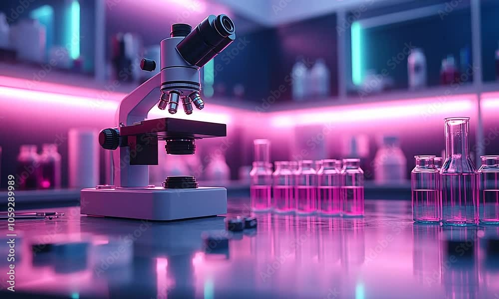 A microscope in a lab with colorful test tubes in the background.