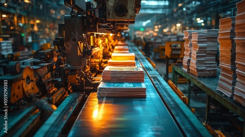 Stacks of Newspapers on a Conveyor Belt in a Printing Factory